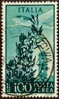Почтовая марка (100 l.). "Авиапочта, Башня Капитолия". 1948 год, Италия.