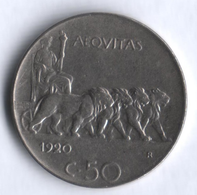 Монета 50 чентезимо. 1920 год, Италия. Тип 1.