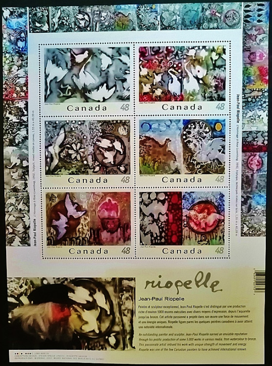 Блок марок (6 шт.). "Картины Жан-Поля Риопеля". 2003 год, Канада. Блок марок (6 шт.). "Картины Жан-Поля Риопеля". 2003 год, Канада.
