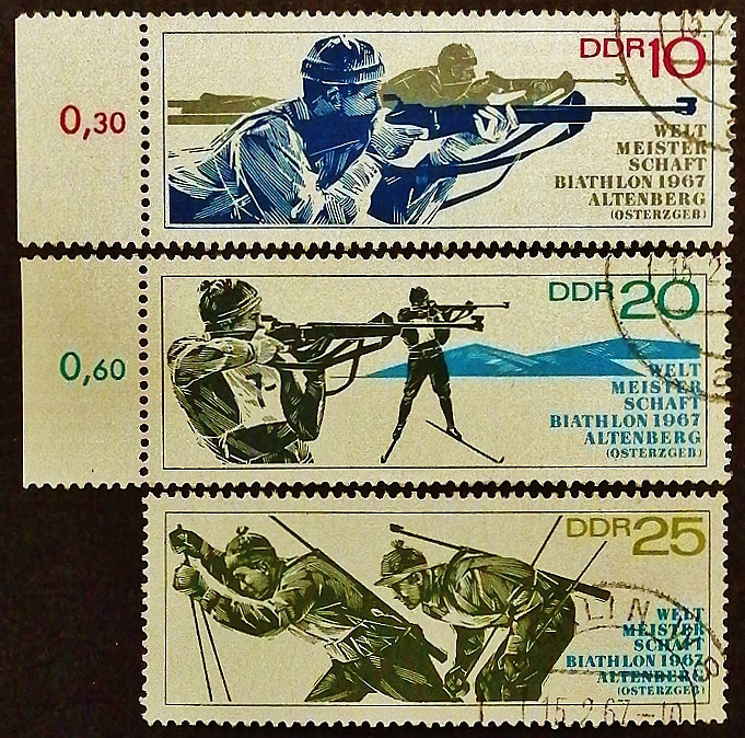 Набор почтовых марок (3 шт.). "Чемпионам мира по биатлону, Альтенберг". 1967 год, ГДР.