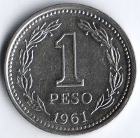 Монета 1 песо. 1961 год, Аргентина.