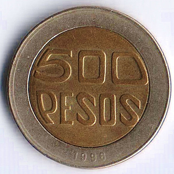 Монета 500 песо. 1996 год, Колумбия.