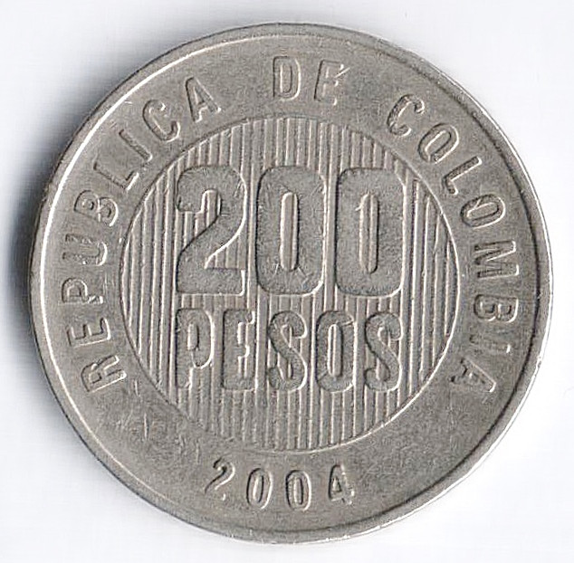 Монета 200 песо. 2004 год, Колумбия.