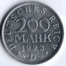 Монета 200 марок. 1923 год (D), Веймарская республика.