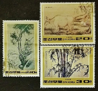 Набор почтовых марок (3 шт.) с блоком. "Корейская живопись XVIII века". 1984 год, КНДР.