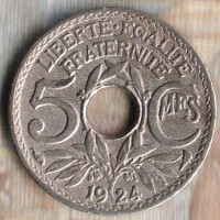 Монета 5 сантимов. 1924 год, Франция. "Рог изобилия".