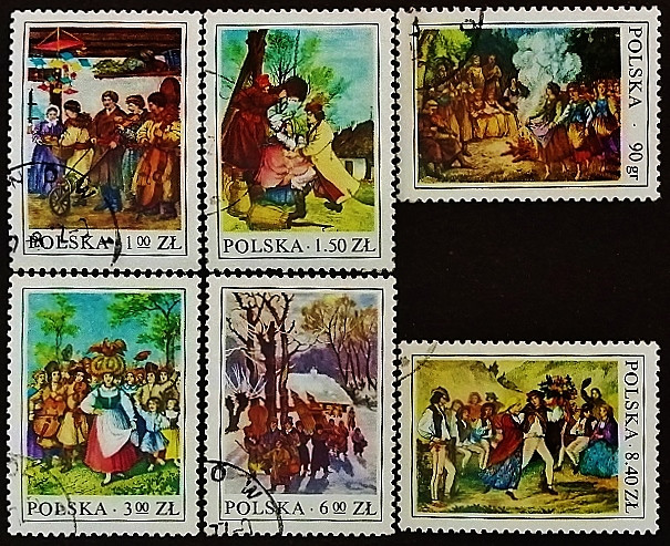 Набор почтовых марок (6 шт.). "Народные обычаи". 1977 год, Польша.