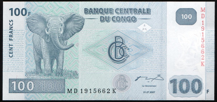 Банкнота 100 франков. 2007 год, Конго.