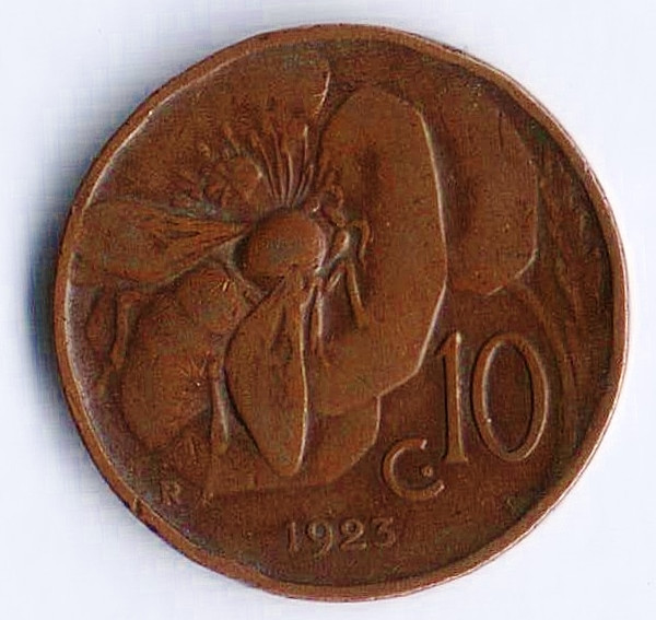 Монета 10 чентезимо. 1923 год, Италия.