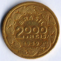 Монета 2000 рейсов. 1939 год, Бразилия.