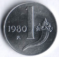 Монета 1 лира. 1980 год, Италия.