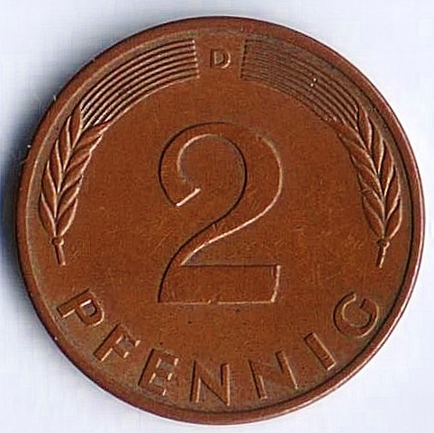 Монета 2 пфеннига. 1977(D) год, ФРГ.