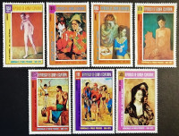 Набор почтовых марок (7 шт.) с блоками (2 шт.). "Пикассо: картины розового периода". 1974 год, Экваториальная Гвинея.
