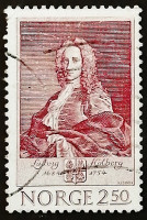 Марка почтовая. "Людвиг Хольберг, барон Хольбергский (1684-1754)". 1984 год, Норвегия.