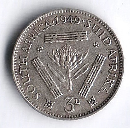 Монета 3 пенса. 1949 год, Южная Африка.