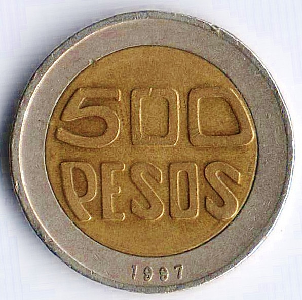 Монета 500 песо. 1997 год, Колумбия.