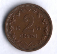 Монета 2 цента. 1936 год, Литва.