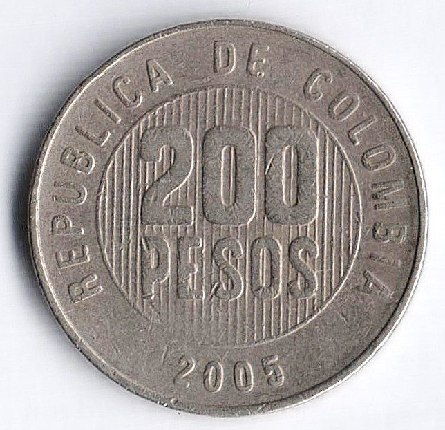 Монета 200 песо. 2005 год, Колумбия.