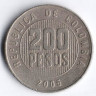 Монета 200 песо. 2005 год, Колумбия.
