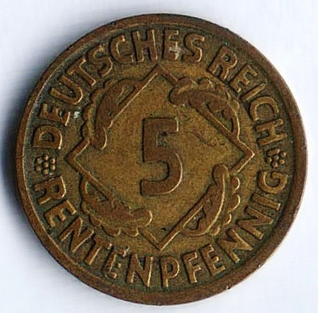 Монета 5 рентенпфеннигов. 1923 год (D), Веймарская республика.