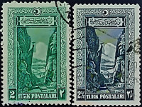 Набор почтовых марок (2 шт.). "Ущелье Сакарья". 1926 год, Турция.