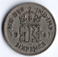 Монета 6 пенсов. 1941 год, Великобритания.