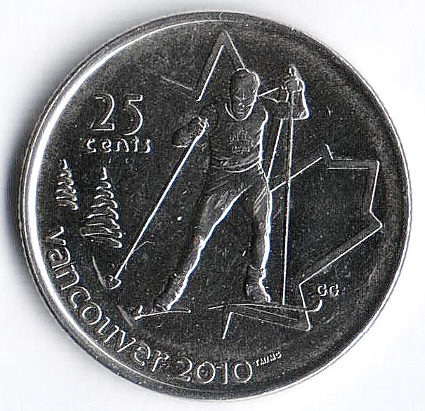 Монета 25 центов. 2009 год, Канада. Ванкувер 2010, лыжные гонки.