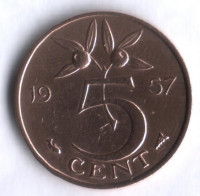 Монета 5 центов. 1957 год, Нидерланды.