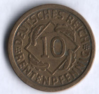 Монета 10 рентенпфеннигов. 1924 год (G), Веймарская республика.
