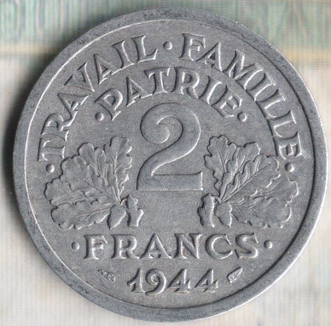 Монета 2 франка. 1944 год, Франция.