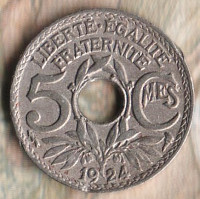 Монета 5 сантимов. 1924 год, Франция. "Молния".