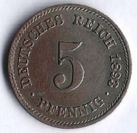 Монета 5 пфеннигов. 1893 год (J), Германская империя.