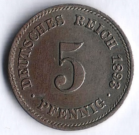 Монета 5 пфеннигов. 1893 год (J), Германская империя.