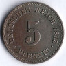 Монета 5 пфеннигов. 1893 год (J), Германская империя.