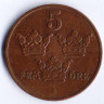 Монета 5 эре. 1909 год, Швеция. Крест маленький.