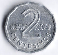 Монета 2 сентесимо. 1977 год, Уругвай.