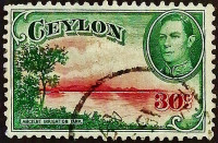 Почтовая марка (30 c.). "Король Георг VI и пейзажи". 1938 год, Цейлон.