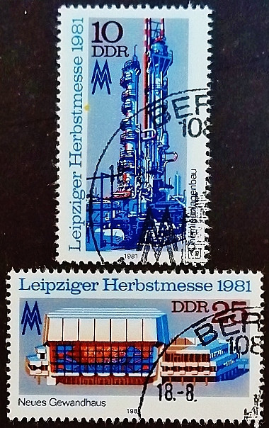 Набор почтовых марок (2 шт.). "Лейпцигская осенняя ярмарка". 1981 год, ГДР.