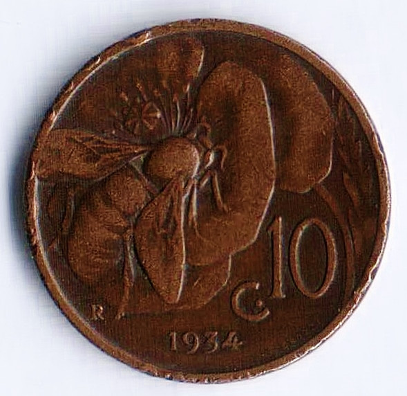 Монета 10 чентезимо. 1934 год, Италия.