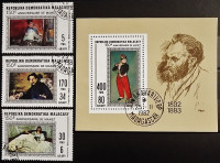 Набор почтовых марок (3 шт.) с блоком. "Картины Эдуарда Мане". 1982 год, Мадагаскар.