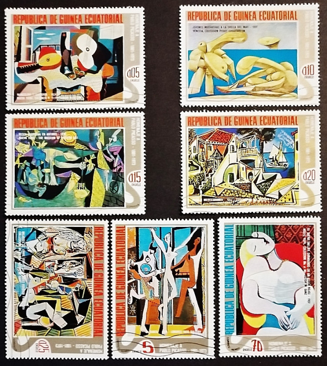 Набор почтовых марок (7 шт.) с блоками (2 шт.). "Пикассо: абстрактные картины". 1975 год, Экваториальная Гвинея.