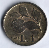 Монета 1 лира. 1946 год, Италия.