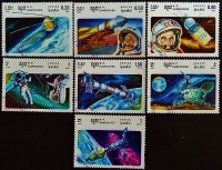 Набор почтовых марок (7 шт.). "Исследование космоса". 1985 год, Камбоджа.