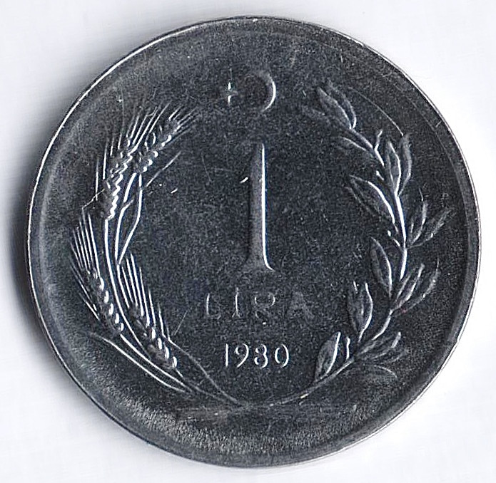 Монета 1 лира. 1980 год, Турция.