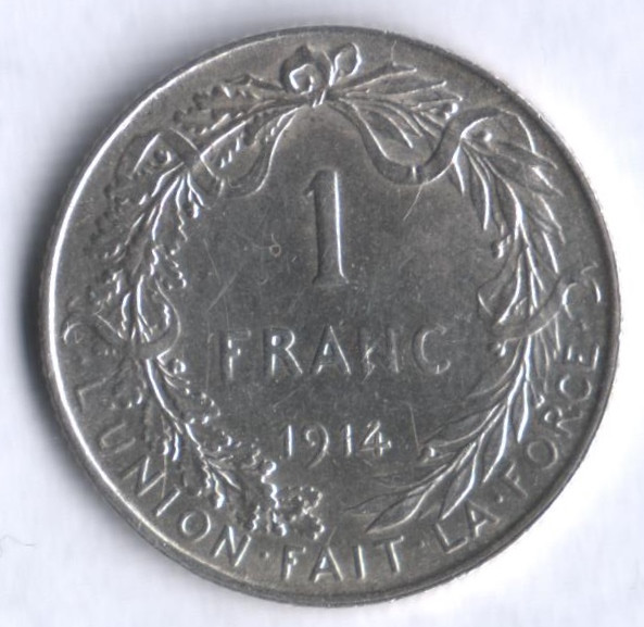 Монета 1 франк. 1914 год, Бельгия (Des Belges).