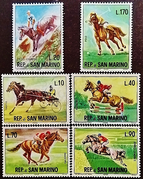 Набор марок (6 шт.). "Конный спорт". 1966 год, Сан-Марино. Набор марок (6 шт.). "Конный спорт". 1966 год, Сан-Марино.