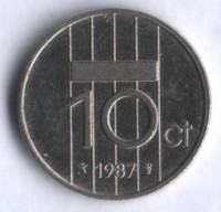 Монета 10 центов. 1987 год, Нидерланды.