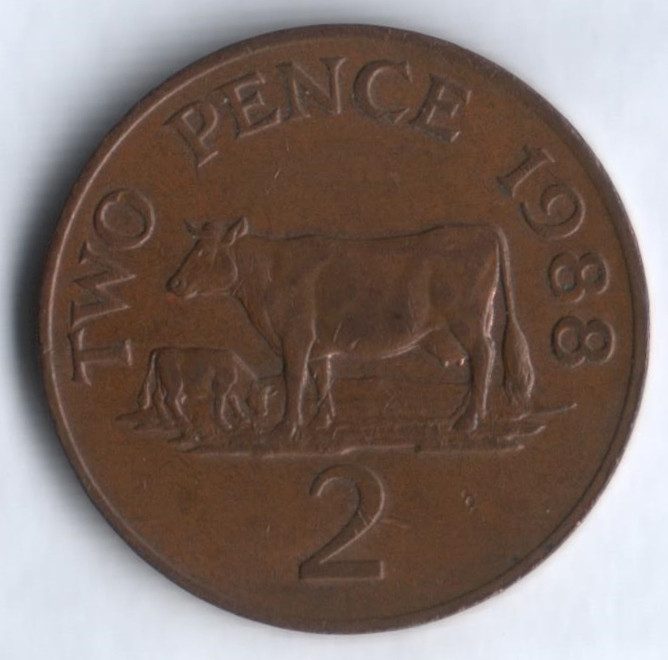 Монета 2 пенса. 1988 год, Гернси.