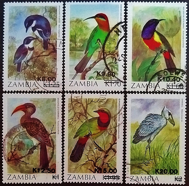 Набор почтовых марок (6 шт.). "Доплата - Птицы". 1989 год, Замбия.
