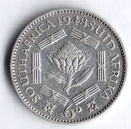 Монета 6 пенсов. 1948 год, Южная Африка.